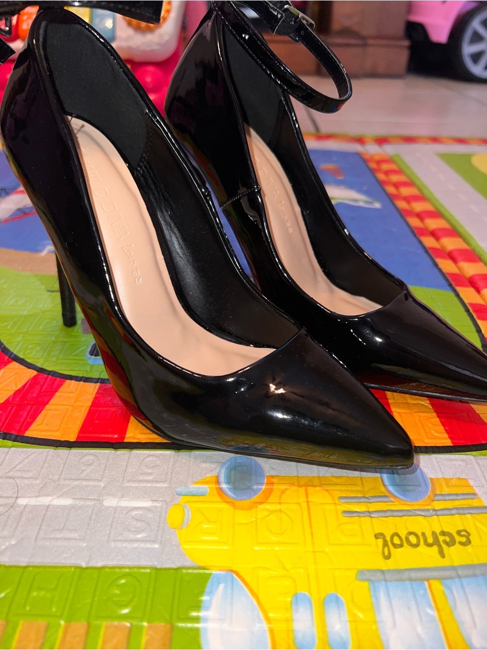 Wild Diva Black Patent Pointed-Toe Ankle Strap Heels